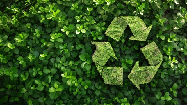 Eco-friendly recycle symbol against a backdrop of lush green nature environment, representing environmental sustainability
