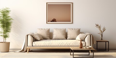 Cozy home decor template with warm brown sofa, beige carpet, mock up poster frame, and coffee table.