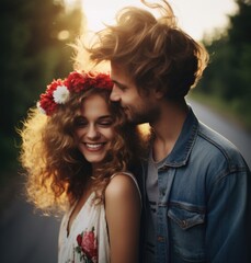 A young couple with curly hair and a flower crown. Generative AI.