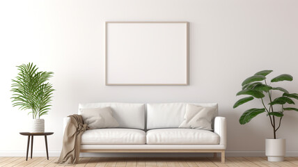 Fototapeta na wymiar A blank white frame mockup in a minimalist living room