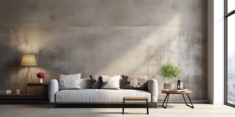 Contemporary loft, interior design with concrete wall backdrop.