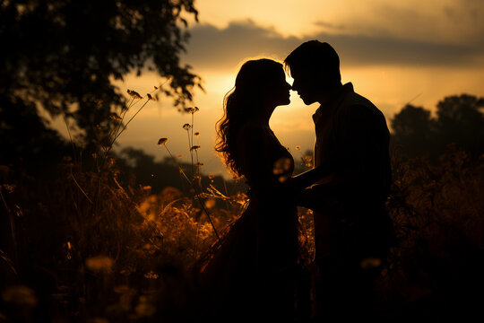 silhouette of a couple kissing in a beautiful sunset evening