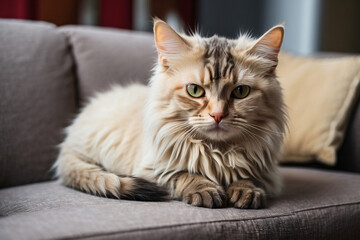 white cat sitting on the sofa
