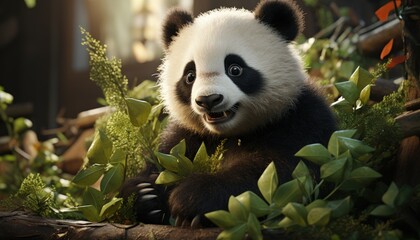 A cuddly panda munching on bamboo - obrazy, fototapety, plakaty
