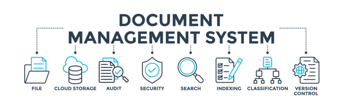 Document management system banner concept with icon of file, cloud storage, audit, security, search, indexing, classification, version control. Web icon vector illustration