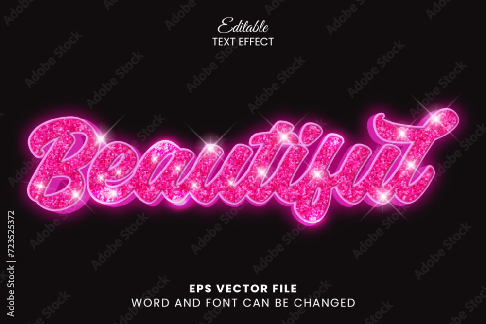 Wall mural Beautiful glittery pink neon glow editable vector text effect