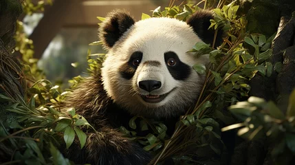 Foto op Canvas A cuddly panda munching on bamboo © Mahenz