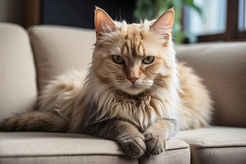 white cat sitting on the sofa