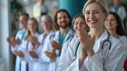 Obraz premium Doctor, Group of medical professional clapping and celebrating teamwork support for healthcare achievement or goal at the hospital.