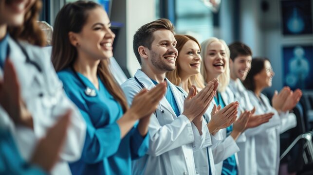 Doctor, Group of medical professional clapping and celebrating teamwork support for healthcare achievement or goal at the hospital.