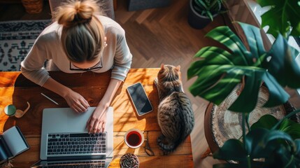 Naklejka na ściany i meble Young freelancer woman in eyeglasses works at home with a laptop and a cat, Remote work, Shopping, Education, Working from home concept.