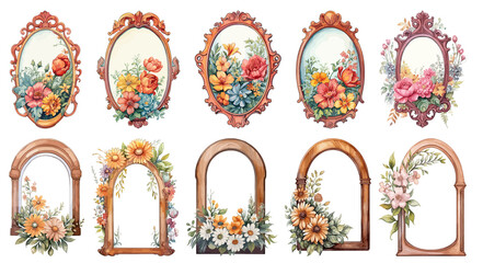 Set of watercolor vintage floral mirror, Sticker, ornament, PNG, generated ai