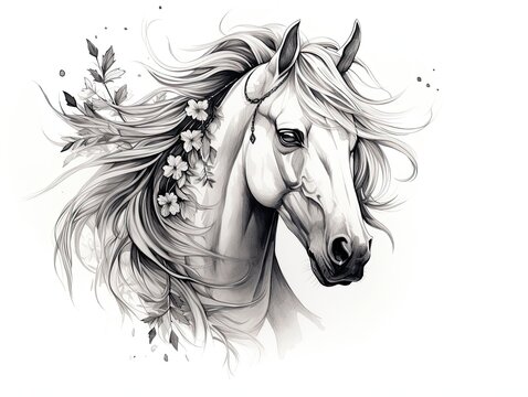 A sketch of a tattoo with a horse and flowers on a white background. Turn your head to the right. Generated by AI.