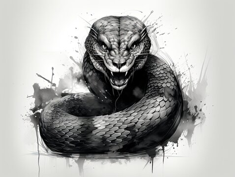 A mock tattoo with a snake's head with an open mouth isolated on a white background.