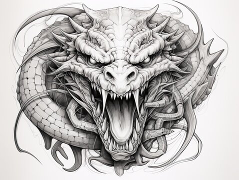 A mock-up tattoo with a dragon's head in close-up and with an open mouth isolated on a white background.