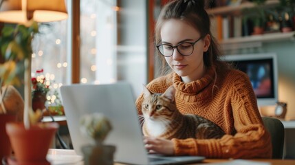 Young freelancer woman in eyeglasses works at home with a laptop and a cat, Remote work, Shopping, Education, Working from home concept. - obrazy, fototapety, plakaty