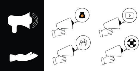 Icon of a hand holding a loudspeaker with various icons in it. Editable icon hands