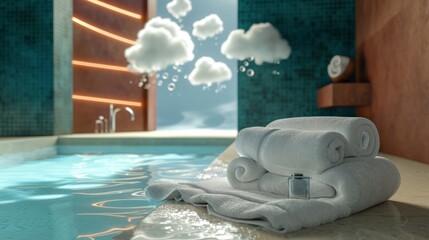 A towel daydreaming about being a spa guest with thought bubbles of a luxurious mage and a dip in a hot tub floating above its head.