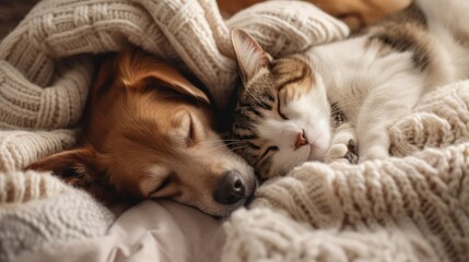 Cute dog and cat sleeping together in bed under blanket. Friendship of cute pets concept.