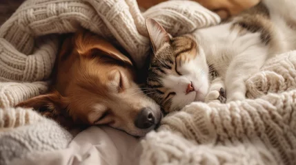 Tuinposter Cute dog and cat sleeping together in bed under blanket. Friendship of cute pets concept. © kardaska
