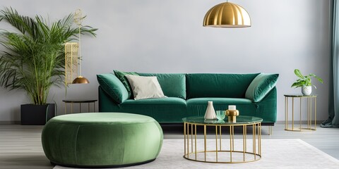 Modern interior design features a green velvet sofa, coffee table, pouf, gold decoration, plant, lamp, carpet, and elegant personal accessories in a luxurious living room space.