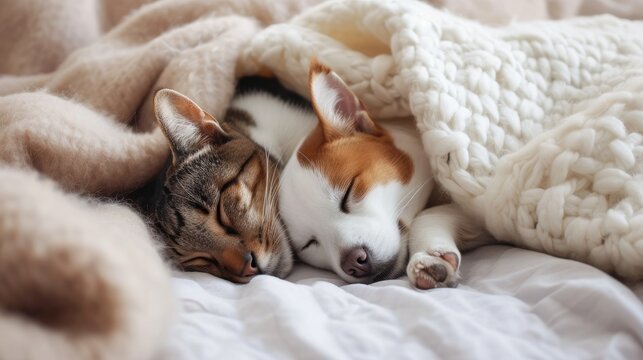 Cute dog and cat sleeping together in bed under blanket. Friendship of cute pets concept.