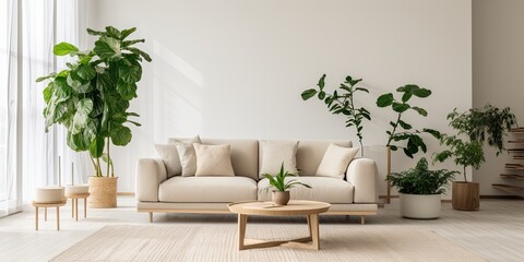 Modern Scandinavian home interior design with a chic living room featuring a comfortable sofa, mid-century furniture, cozy carpet, wooden floors, white walls, and green home plants.