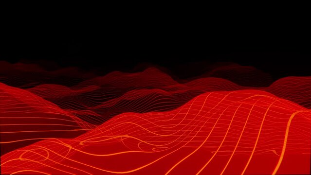 Red monochromatic abstract wave animation, looping, seamless, VJ loop, background, mountain forms made of digital waves orange glowing topography map, mountains, digital waves, neon, abstract minimal