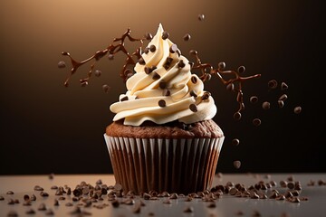 Delicious cupcake with chocolate frosting on table on brown background. - obrazy, fototapety, plakaty