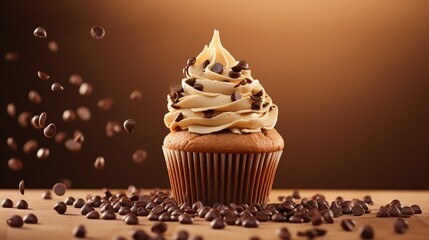Cupcakes with chocolate sprinkles on a chocolate background. - obrazy, fototapety, plakaty