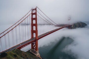 Fototapeta premium Aerial drone shots of the Golden Gate Bridge enveloped in fog, San Francisco, USA. 