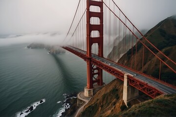Aerial drone shots of the Golden Gate Bridge enveloped in fog, San Francisco, USA. 