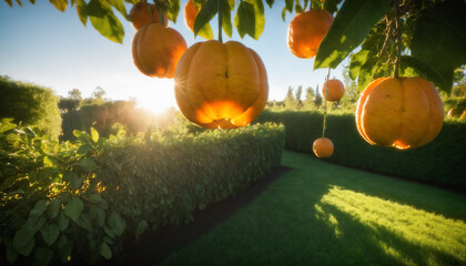 Sunlit Tree in a Festive Autumn Park with Orange Harvest Decorations