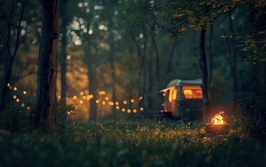 Fototapeta na wymiar Soft glow of a camping fireplace illuminates the surrounding woods. In the distance, the warm bokeh lights of a camping car twinkle through the trees