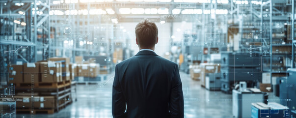 Businessman Overlooking Expansive Warehouse Operation. A suited businessman oversees a vast warehouse filled with goods, symbolising logistics management. - obrazy, fototapety, plakaty