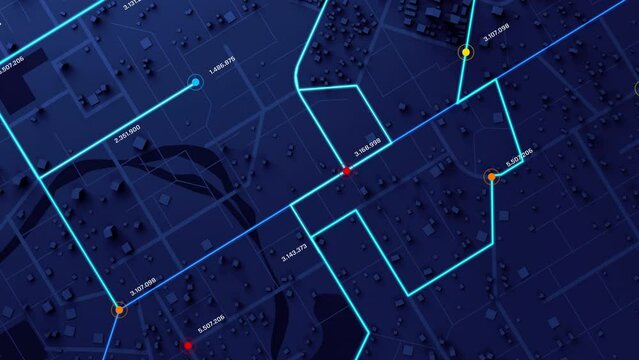 3D Rendering Top view City map with navigator line and destination GPS Technology transportation, Futuristic user interface, HUD Head-up display. Technology and futuristic concept