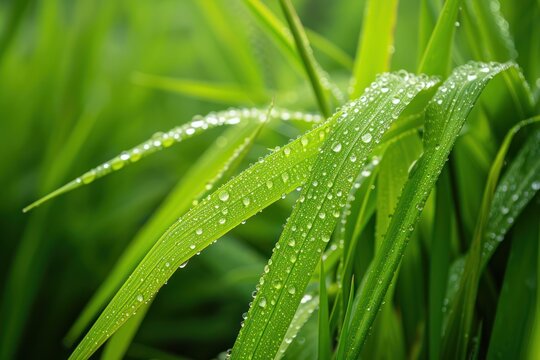 Raindrops on green rice plants