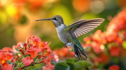 Obraz premium Hummingbirds hover around blooming flowers in a green forest in Costa Rica. natural habitat, beautiful hummingbird sucking nectar, colorful background Wildlife in tropical nature
