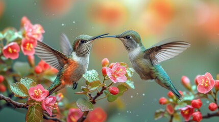 Obraz premium Hummingbirds hover around blooming flowers in a green forest in Costa Rica. natural habitat, beautiful hummingbird sucking nectar, colorful background Wildlife in tropical nature