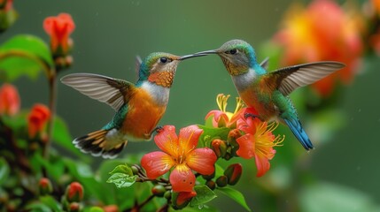 Fototapeta premium Hummingbirds hover around blooming flowers in a green forest in Costa Rica. natural habitat, beautiful hummingbird sucking nectar, colorful background Wildlife in tropical nature