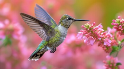 Fototapeta premium Hummingbirds hover around blooming flowers in a green forest in Costa Rica. natural habitat, beautiful hummingbird sucking nectar, colorful background Wildlife in tropical nature