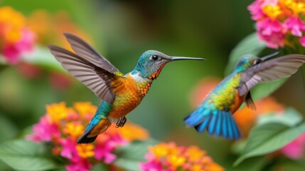 Fototapeta premium Hummingbirds hover around blooming flowers in a green forest in Costa Rica. natural habitat, beautiful hummingbird sucking nectar, colorful background Wildlife in tropical nature