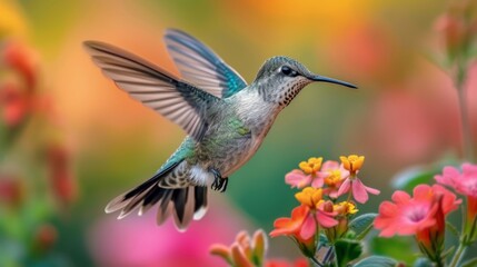 Fototapeta premium Hummingbirds hover around blooming flowers in a green forest in Costa Rica. natural habitat, beautiful hummingbird sucking nectar, colorful background Wildlife in tropical nature