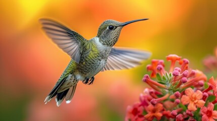 Fototapeta premium Hummingbirds hover around blooming flowers in a green forest in Costa Rica. natural habitat, beautiful hummingbird sucking nectar, colorful background Wildlife in tropical nature