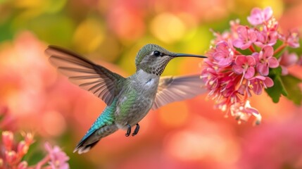 Hummingbirds hover around blooming flowers in a green forest in Costa Rica. natural habitat, beautiful hummingbird sucking nectar, colorful background Wildlife in tropical nature