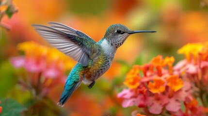 Fototapeta premium Hummingbirds hover around blooming flowers in a green forest in Costa Rica. natural habitat, beautiful hummingbird sucking nectar, colorful background Wildlife in tropical nature