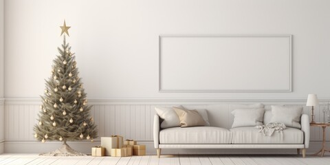 Minimalistic scandinavian living room with stylish Christmas tree. Customize text.