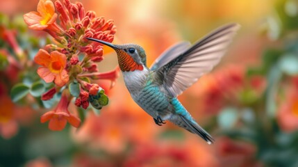 Hummingbirds hover around blooming flowers in a green forest in Costa Rica. natural habitat, beautiful hummingbird sucking nectar, colorful background Wildlife in tropical nature