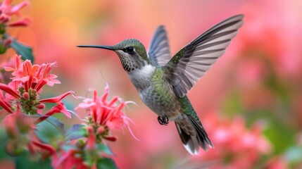 Fototapeta premium Hummingbirds hover around blooming flowers in a green forest in Costa Rica. natural habitat, beautiful hummingbird sucking nectar, colorful background Wildlife in tropical nature
