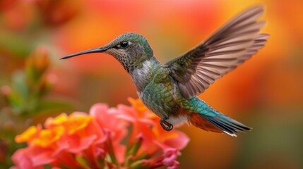 Fototapeta premium Hummingbirds hover around blooming flowers in a green forest in Costa Rica. natural habitat, beautiful hummingbird sucking nectar, colorful background Wildlife in tropical nature